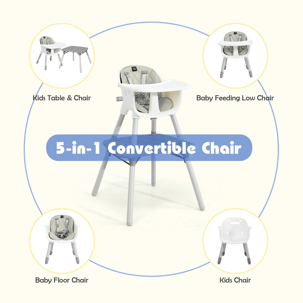 The grey high chair shown in multiple configurations: table and chair, low chair, floor chair, and kids chair