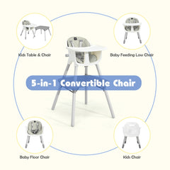 The grey high chair shown in multiple configurations: table and chair, low chair, floor chair, and kids chair