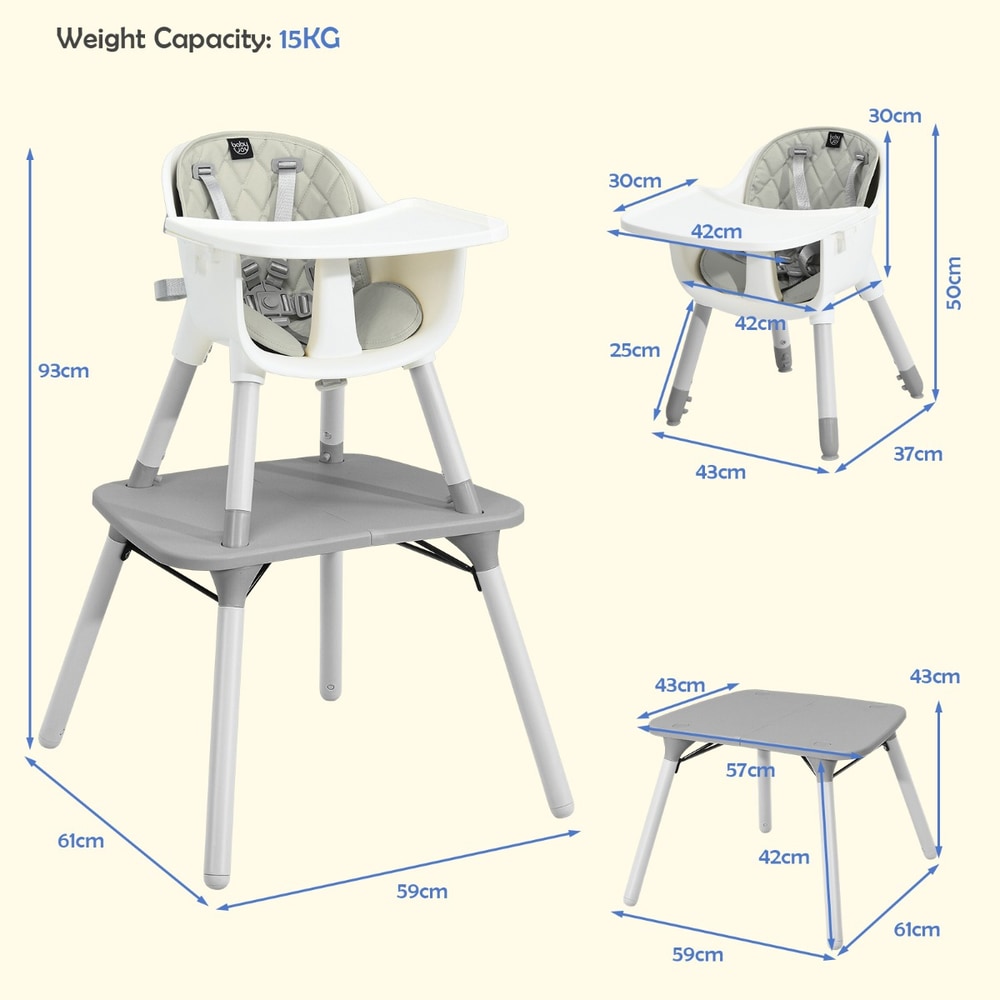 Dimensions of the grey high chair and its separate table attachment