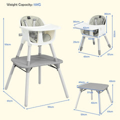 Dimensions of the grey high chair and its separate table attachment