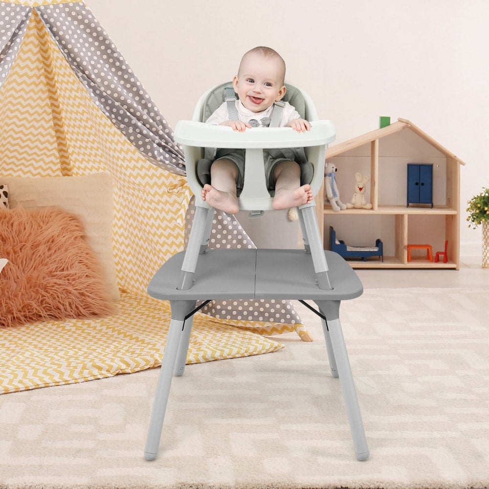 A baby sitting at a table in the grey high chair in a nursery room