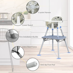 Close-up details of the grey high chair, including harness, frame, and anti-slip feet