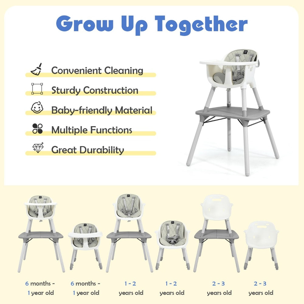 Convertible Baby High Chair with 2-Position Removable Tray in Grey