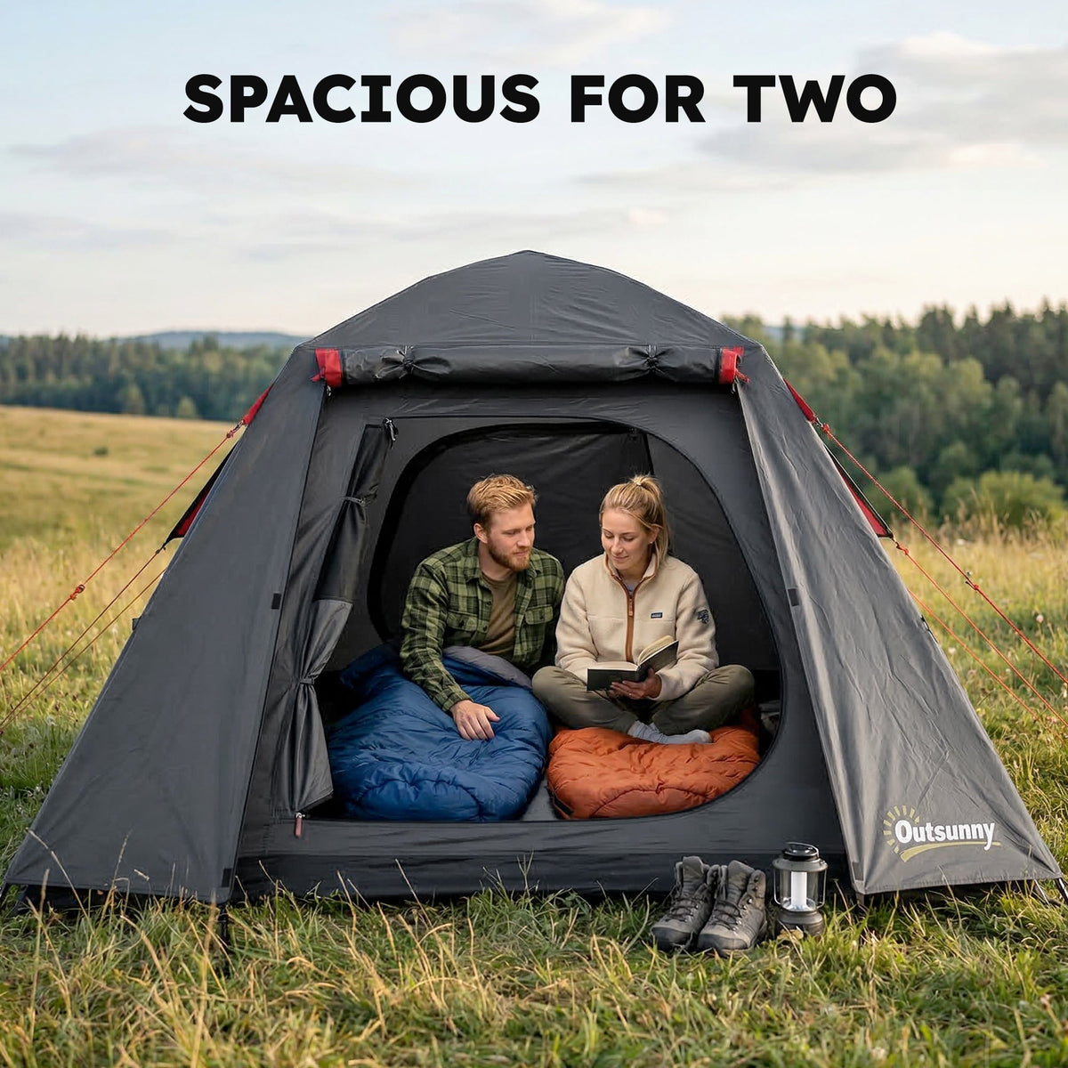 Outsunny Camping Tent 3000mm Waterproof Tent with 2 Doors, Dark Grey and Red