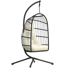 Outsunny Hanging Egg Chair, Indoor Outdoor Hammock Swing Chair with Stand, Safety Strap, Foldable Basket, Black/Cream White
