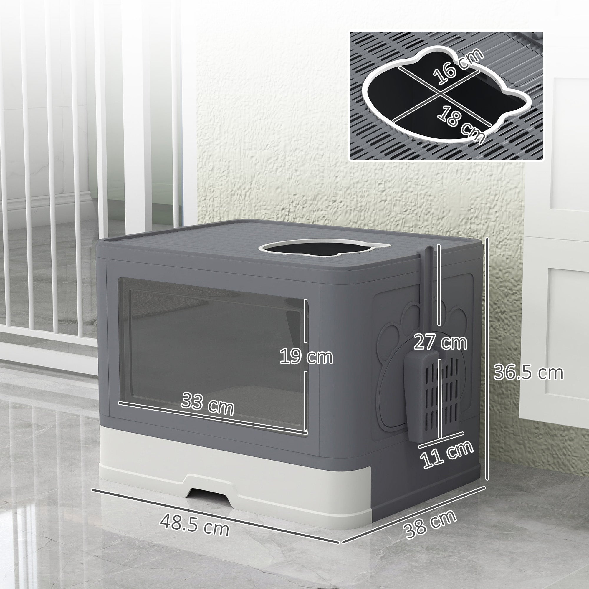 PawHut Enclosed Cat Litter Box with lid, Front Entry, Top Exit, Drawer, Tray, Scoop, Brush, 48.5 x 38 x 36.5cm - Grey