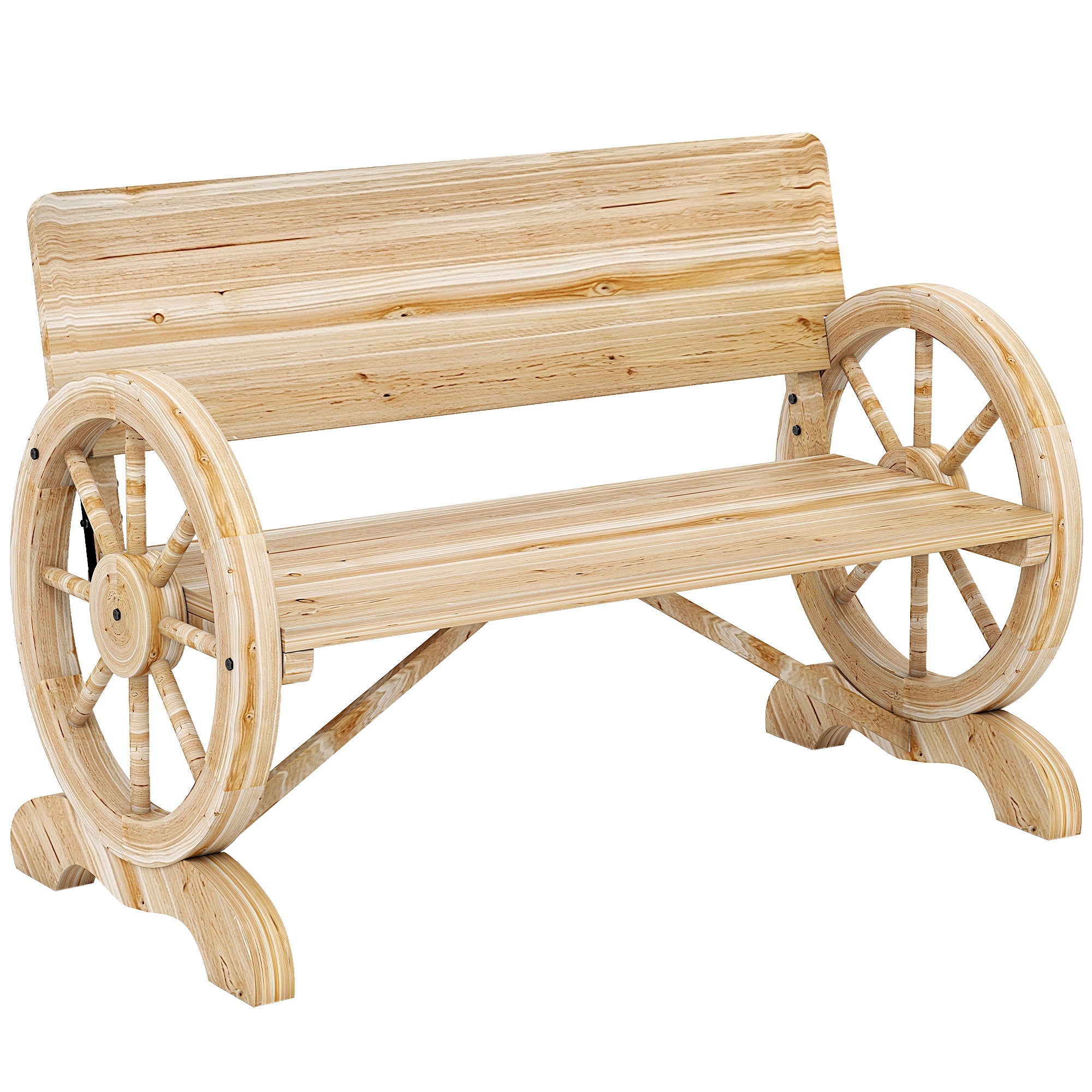 Outsunny Fir Wood 2-Seater Outdoor Garden Wagon Wheel Bench, Natural Wood Finish