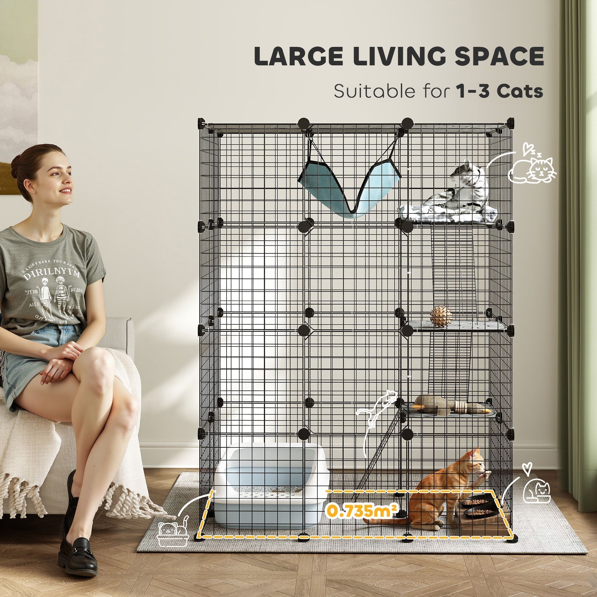 PawHut Four-Tier DIY Large Cat Cage with Hammock, Ramps, Five Doors, Indoor Use for 1-3 Cats, Black