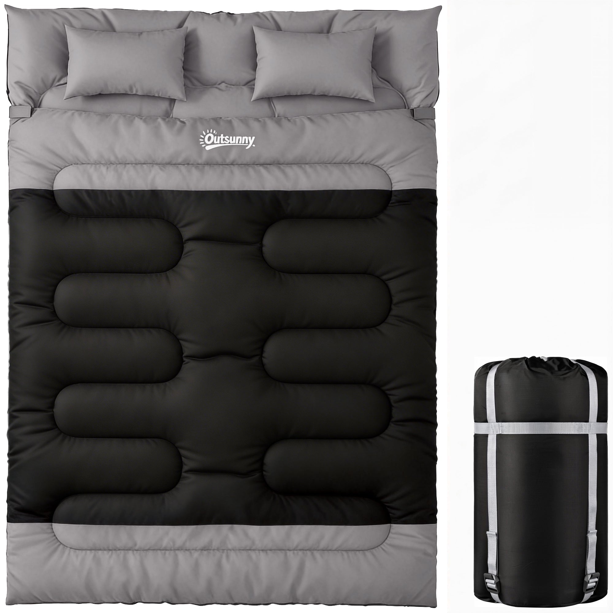 Outsunny Double Sleeping Bag with 2 Pillows, 220 x 160 cm Extra-Large Sleeping Bag for Adults, Black and Grey