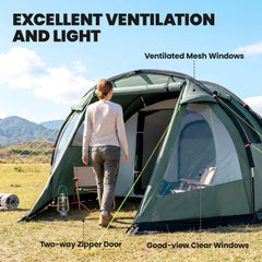 Outsunny Two Room Tunnel Tent Camping Tent for 3 Man with Windows, Covers, Carry Bag, for Fishing, Hiking, Sports, Green