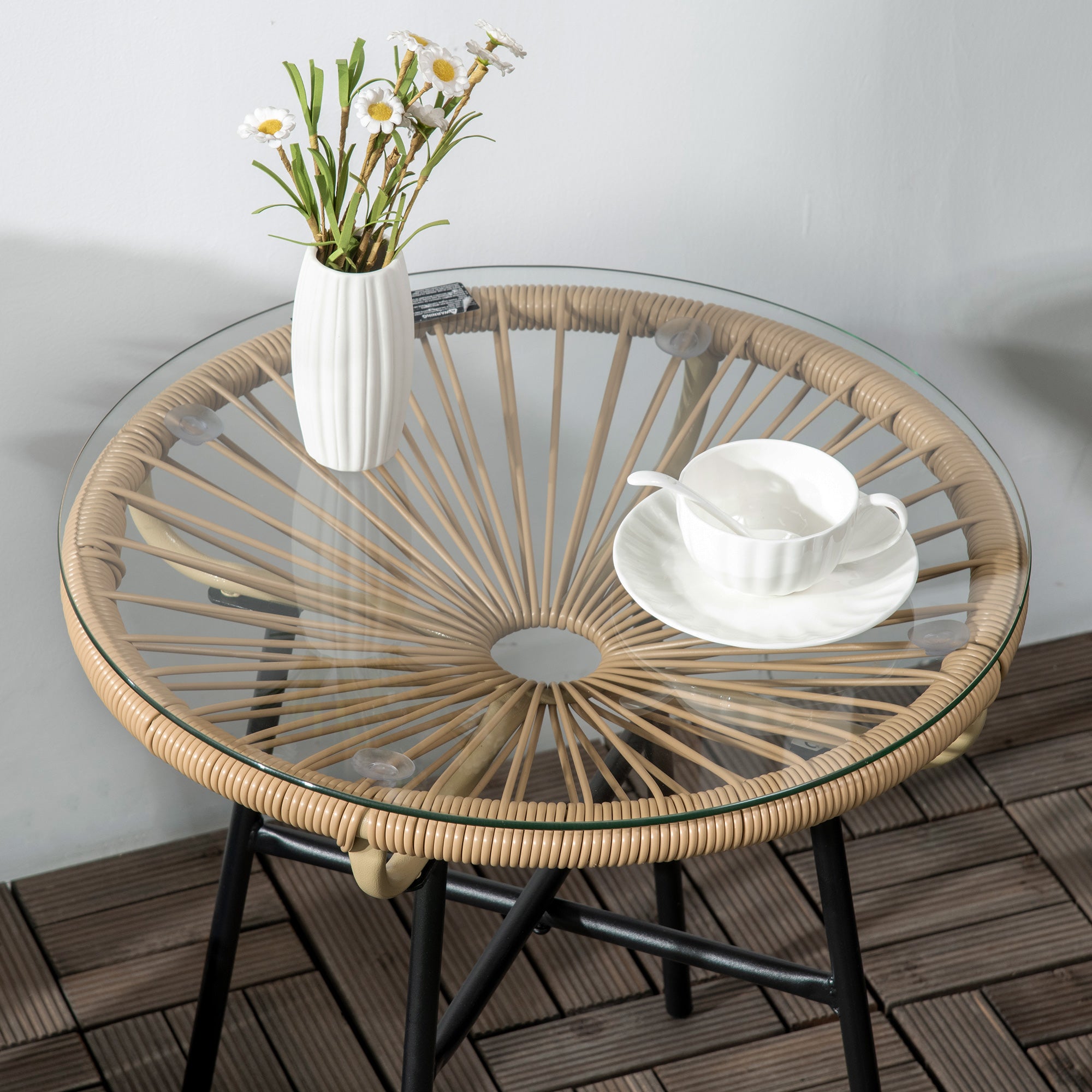 Outsunny Rattan Side Table, Round Outdoor Coffee Table, with Round PE Rattan and Tempered Glass Tabletop for Patio, Garden, Balcony, Beige