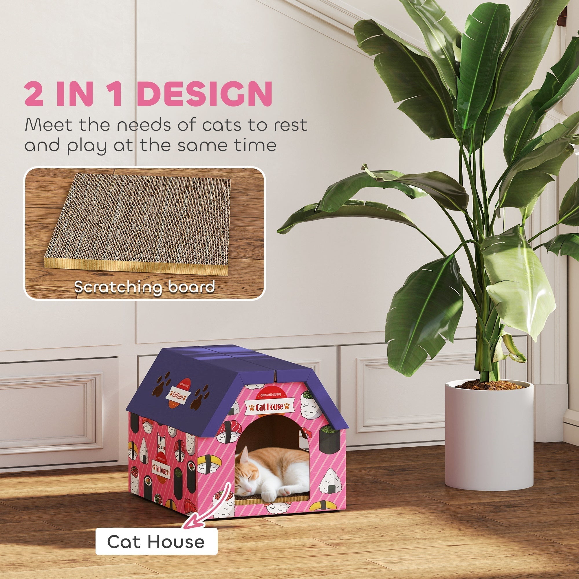 PawHut Cat Scratching Board, 2-in-1 Cardboard Cat House and Hideaway for Indoor Cats, Pink
