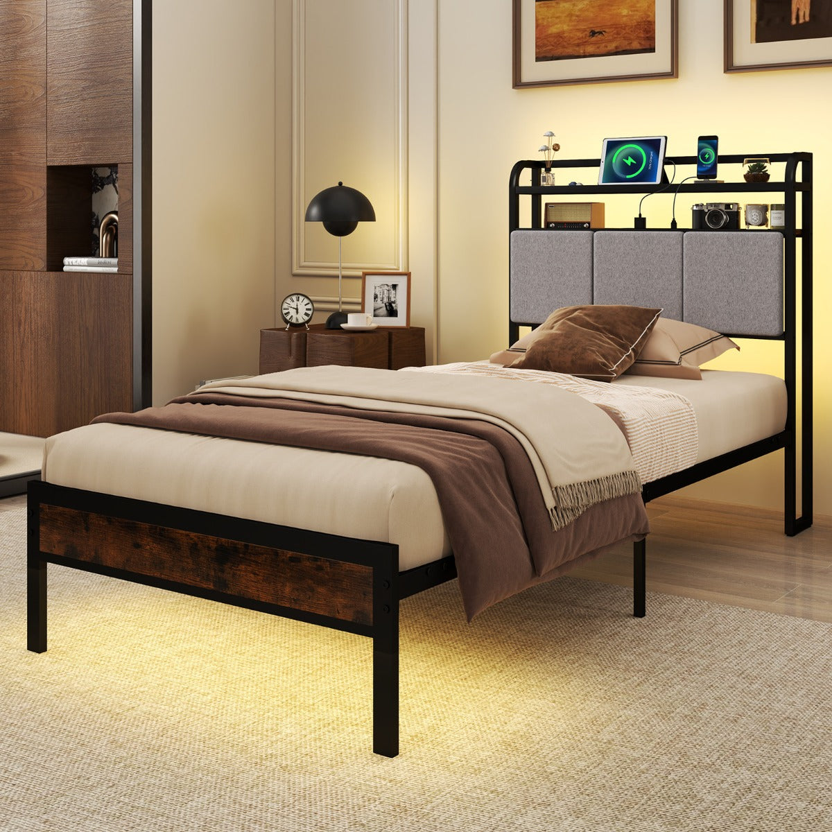 King Size Double Size Bed Frame with LED Light and Charging Station-Single Size