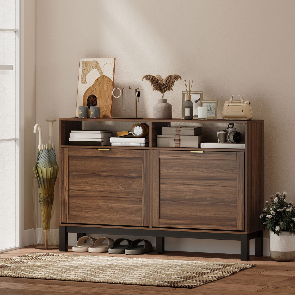 HOMCOM Shoe Cabinet with 2 Flip Drawers, Narrow Shoe Storage Top for Entryway Hallway, Rustic Brown