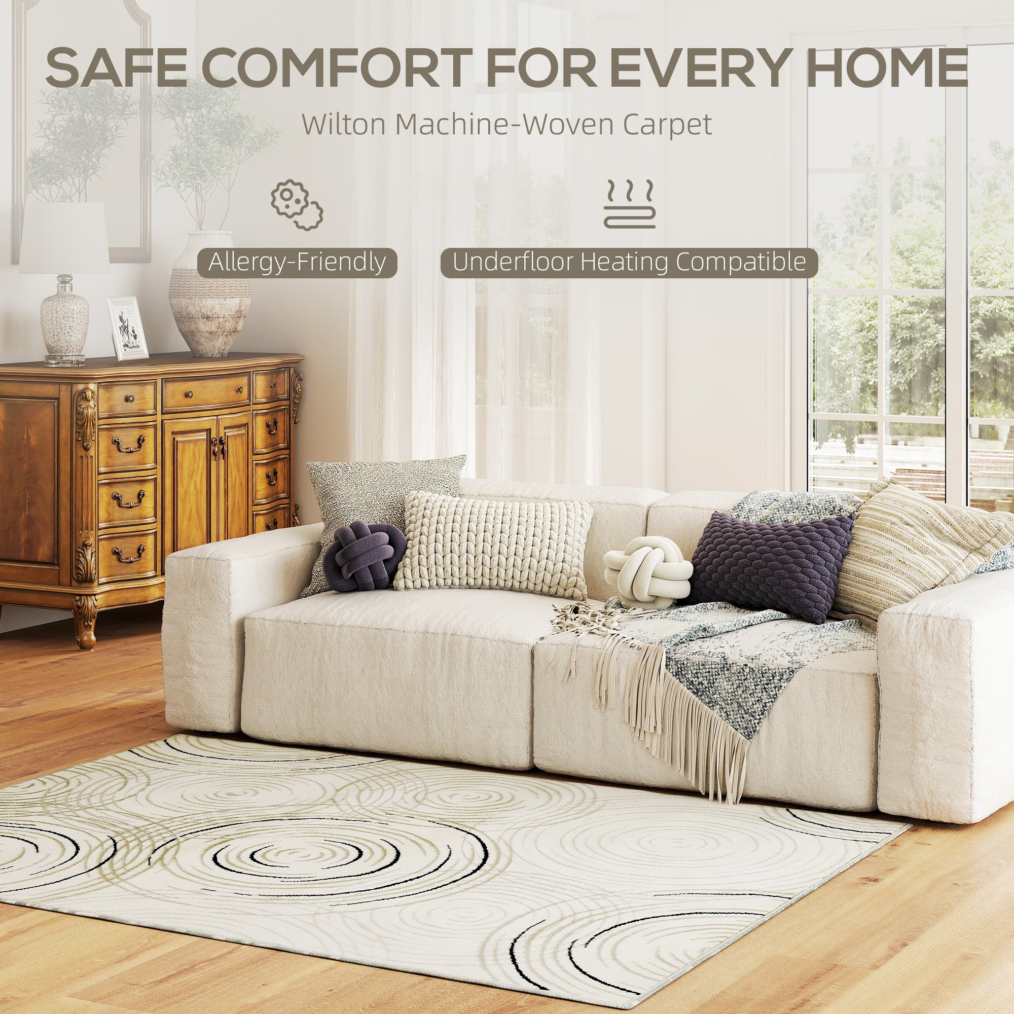 HOMCOM Modern Area Rug, Swirl Pattern Machine Washable Rug, Allergy-Friendly Floor Carpet for Living Room, Bedroom, Dining Room, Home Office, 170 x 120 cm, Cream White