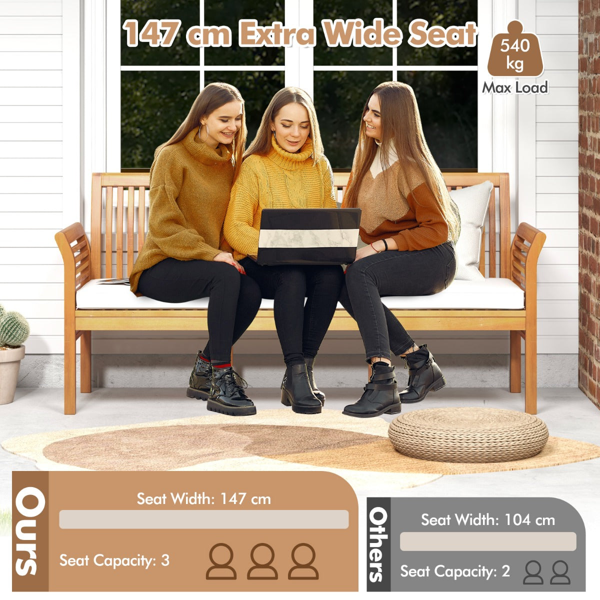 3-Person Porch Bench with High Backrest and Seat Cushion-White