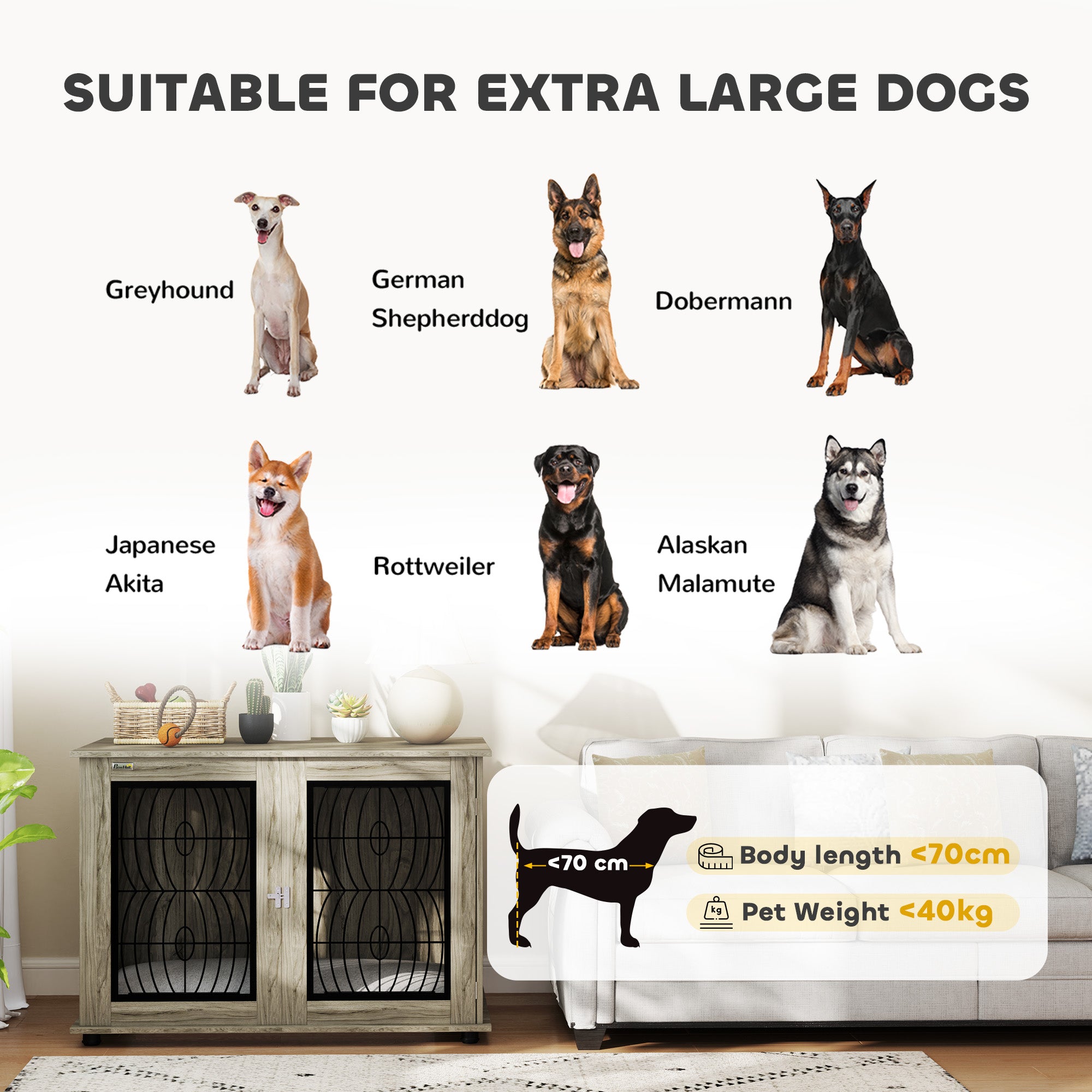 PawHut Indoor Dog Crate Furniture End Table with Soft Washable Cushion, Lockable Front Door, for Extra Large Dogs - Grey