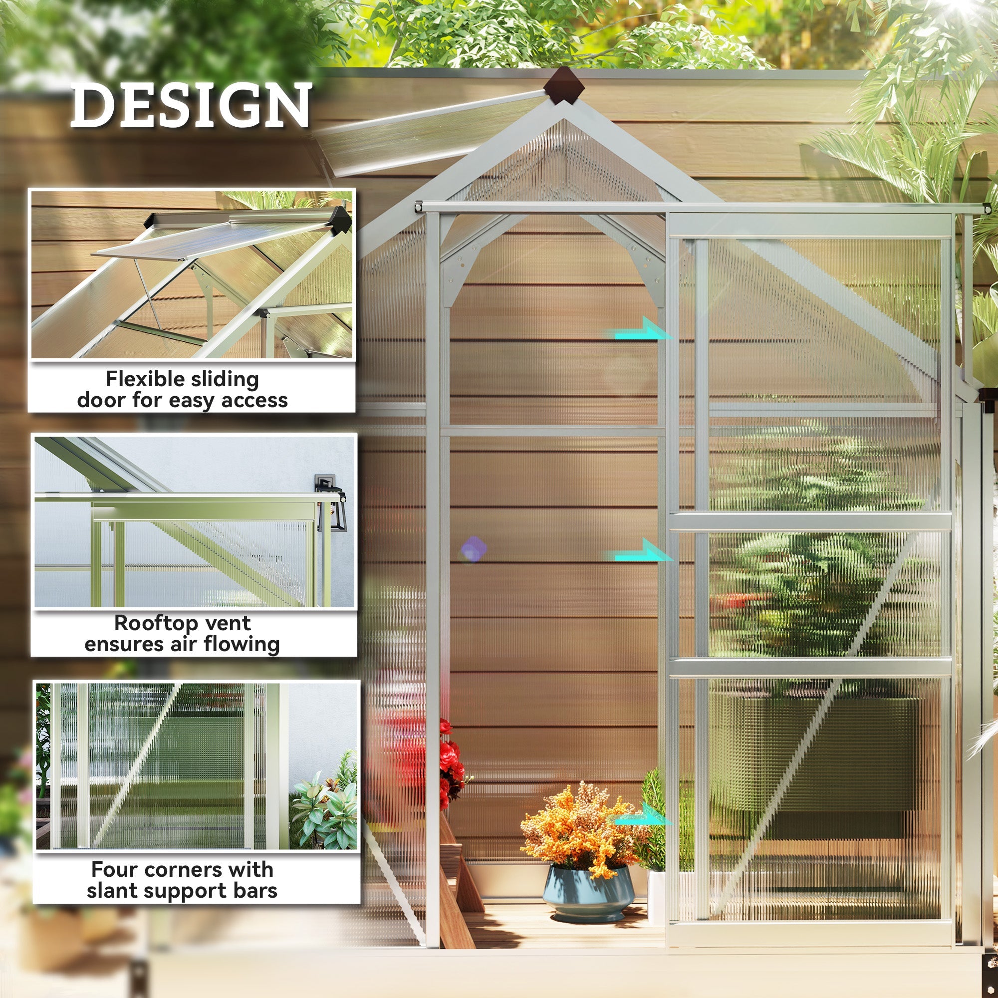 Outsunny Polycarbonate Greenhouse, Large Walk-In Green House with Slide Door and Window, Aluminium Frame, 6x4ft, Silver Tone