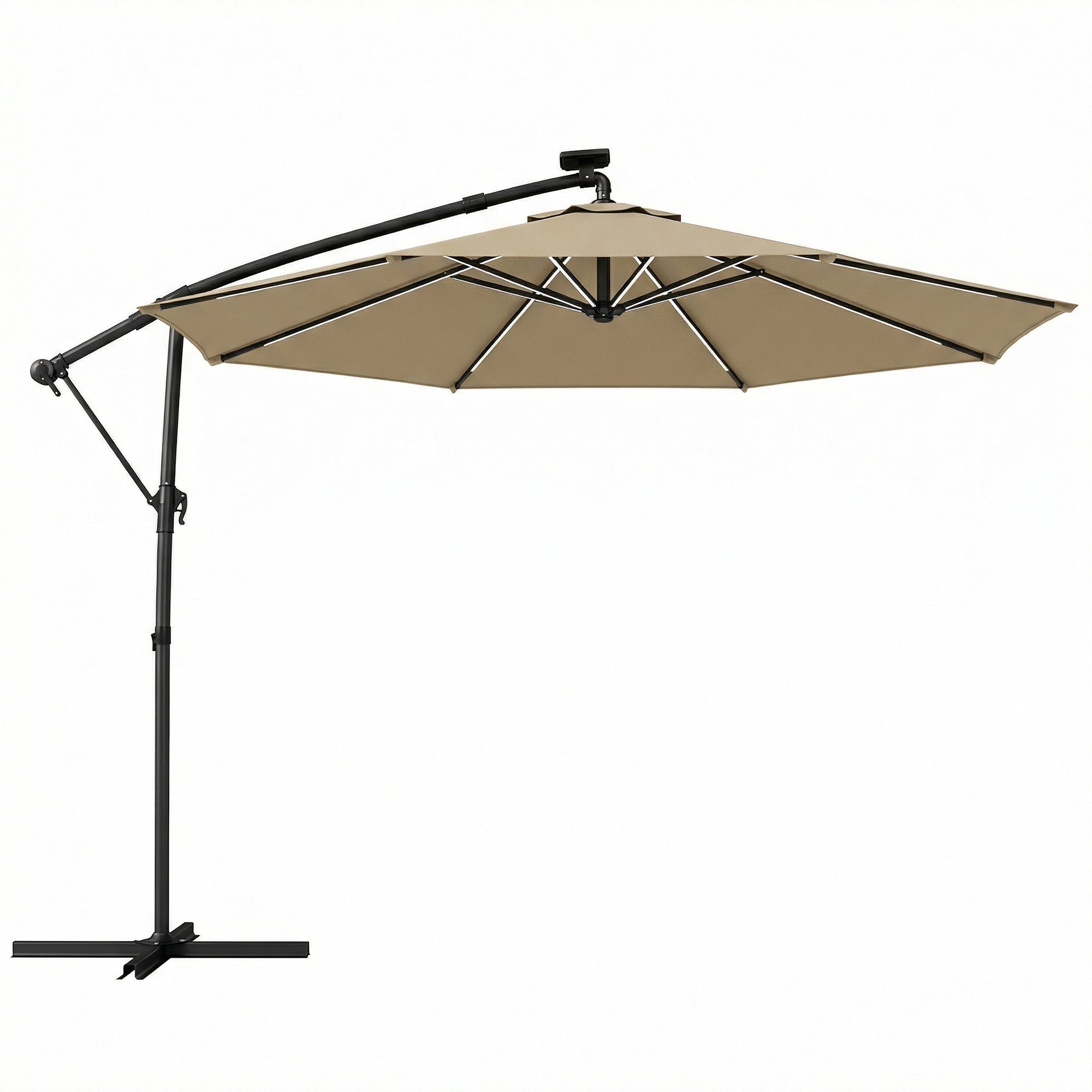 Outsunny 3 m Garden Cantilever Parasol with LED Solar Light, Round Overhanging Umbrella with 360Â° Rotation, Cover, Khaki