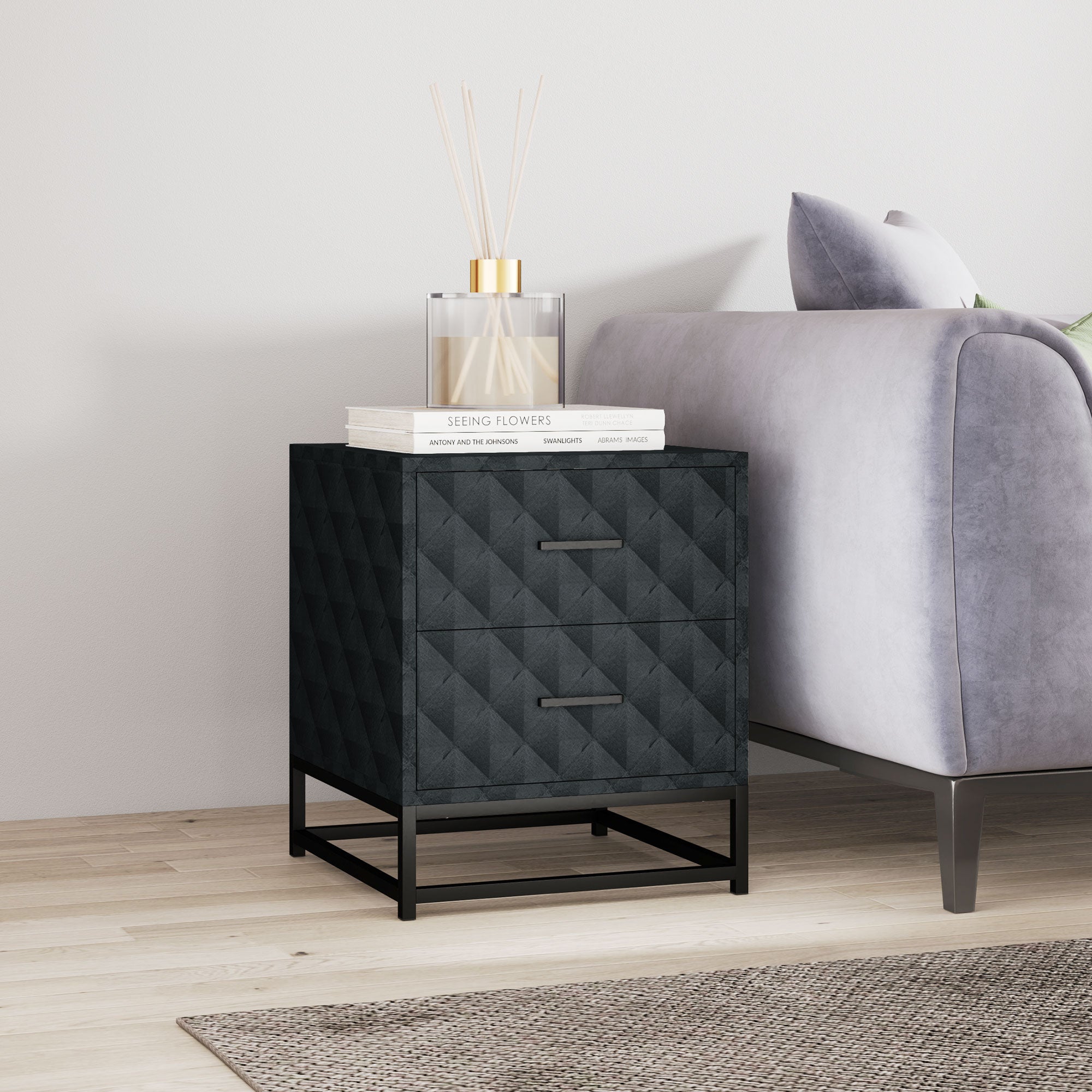 HOMCOM Bedside Tables Set of 2, Modern Bedside Table Nightstand with 2 Drawers, Bedside Cabinet Sofa Side Table with Storage, Steel Legs for Bedroom, Living Room, Black