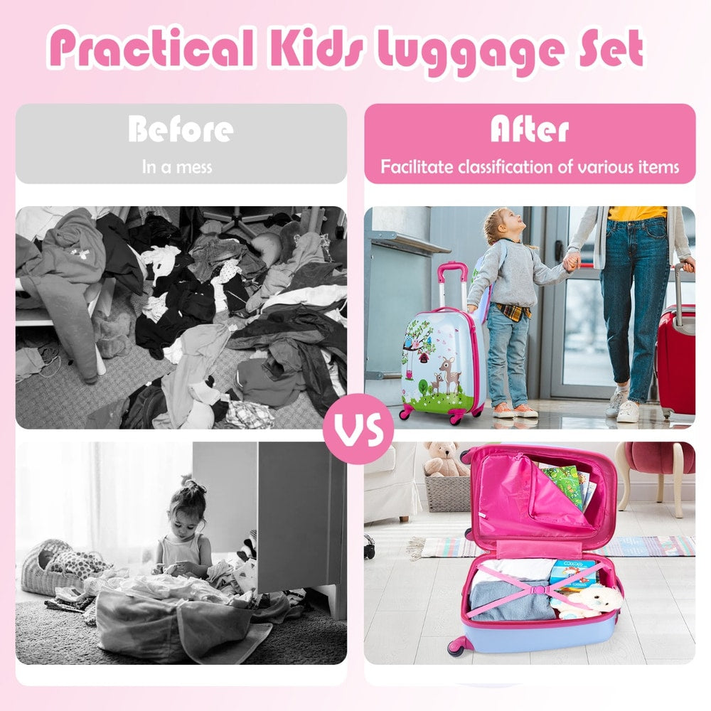 Comparison of messy clothes before and organised items in the kids luggage set
