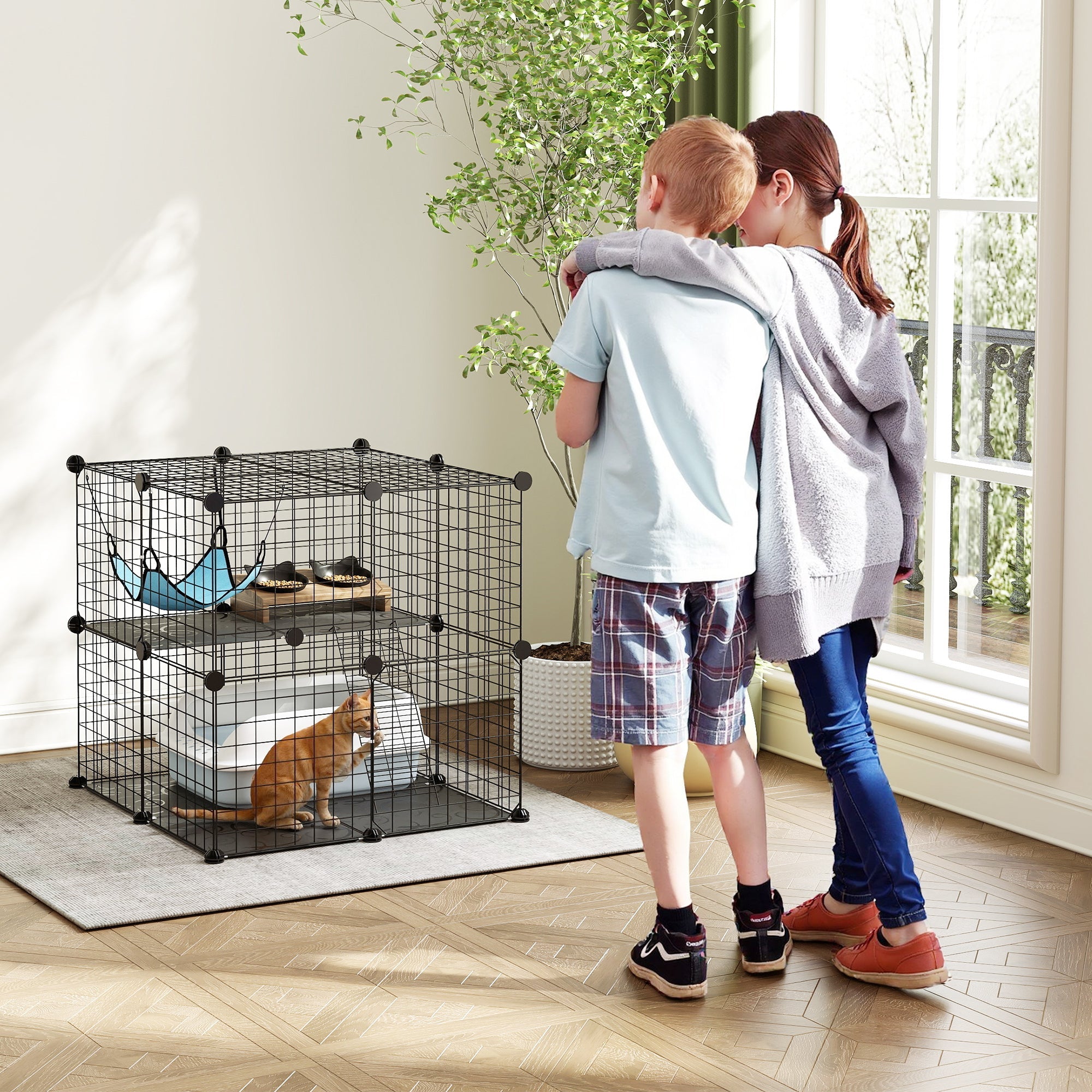 PawHut Indoor Cat Cage DIY Customizable 2-Tier Indoor Cat Enclosure with 2 Doors and Hammock 70 cm Black