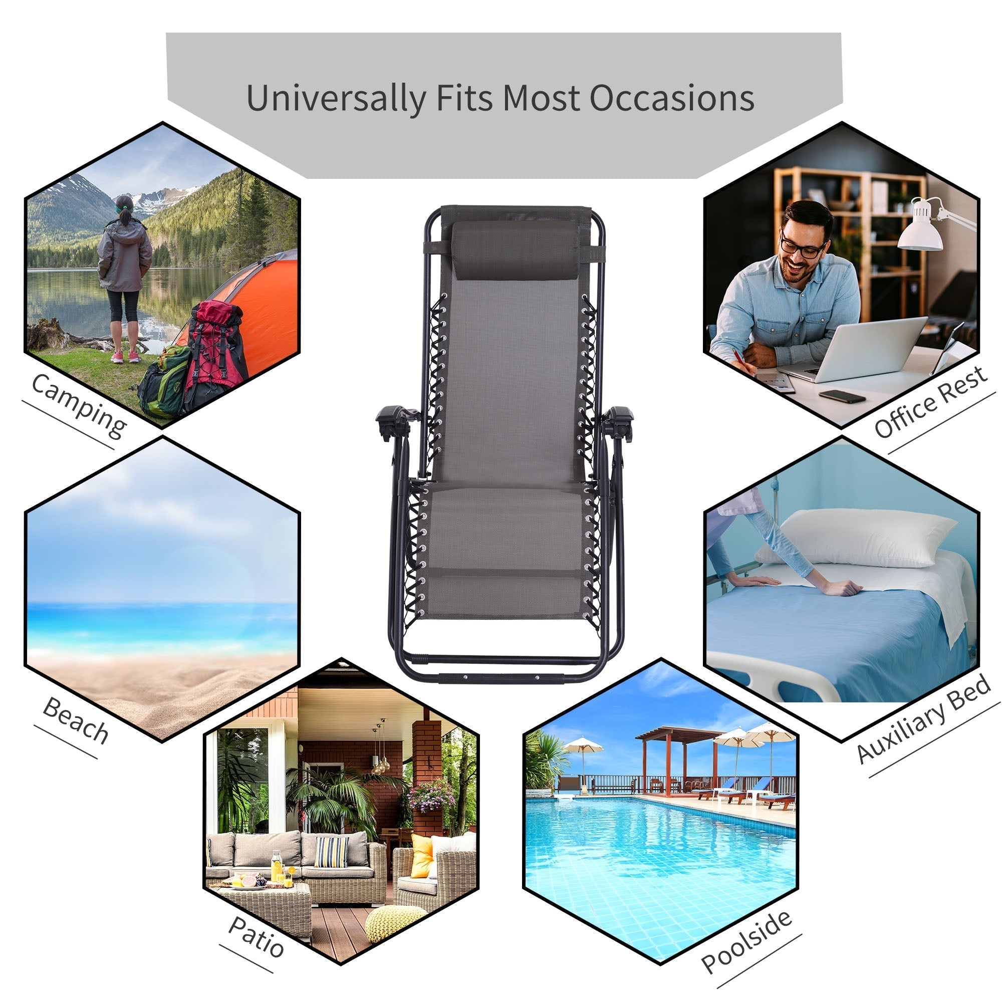 Outsunny Zero Gravity Chair Set of 2, Metal Frame Texteline Armchair Outdoor Folding and Reclining Sun Lounger with Head Pillow for Patio Decking Gardens Camping, Grey