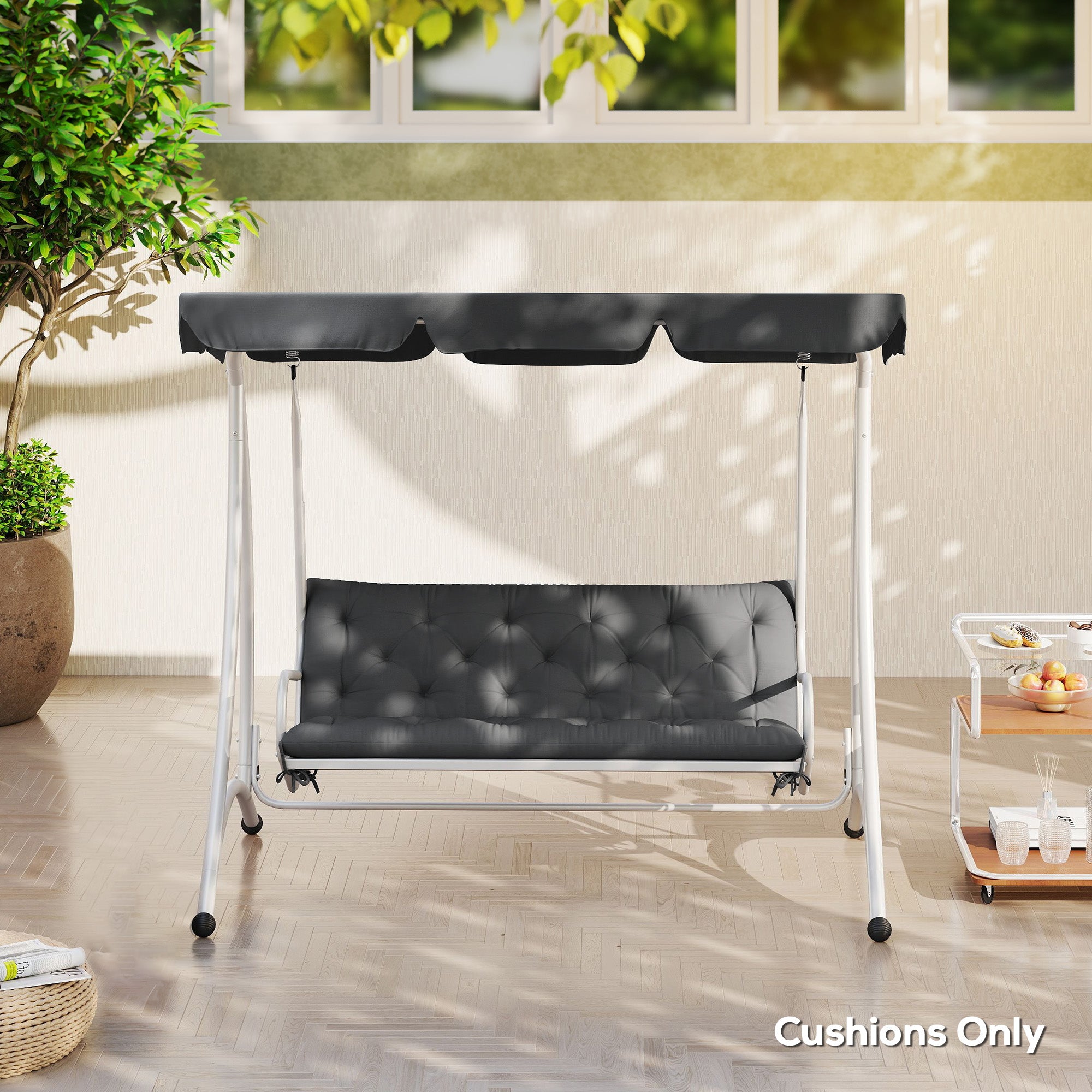 Outsunny 3 Seater Bench Cushion, Garden Chair Cushion with Back and Ties for Indoor and Outdoor Use, 98 x 150 cm, Dark Grey