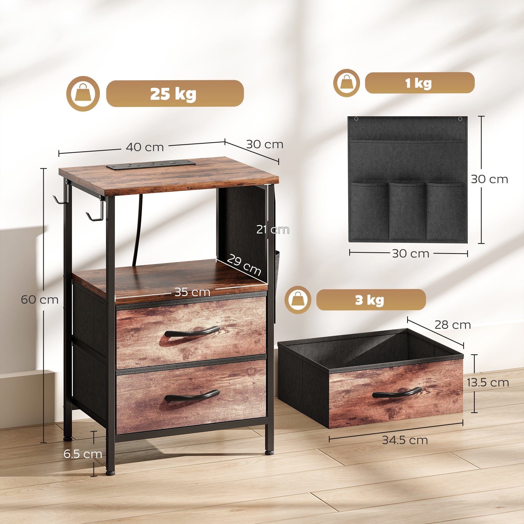 HOMCOM Bedside Table with Charging Station - Rustic Brown