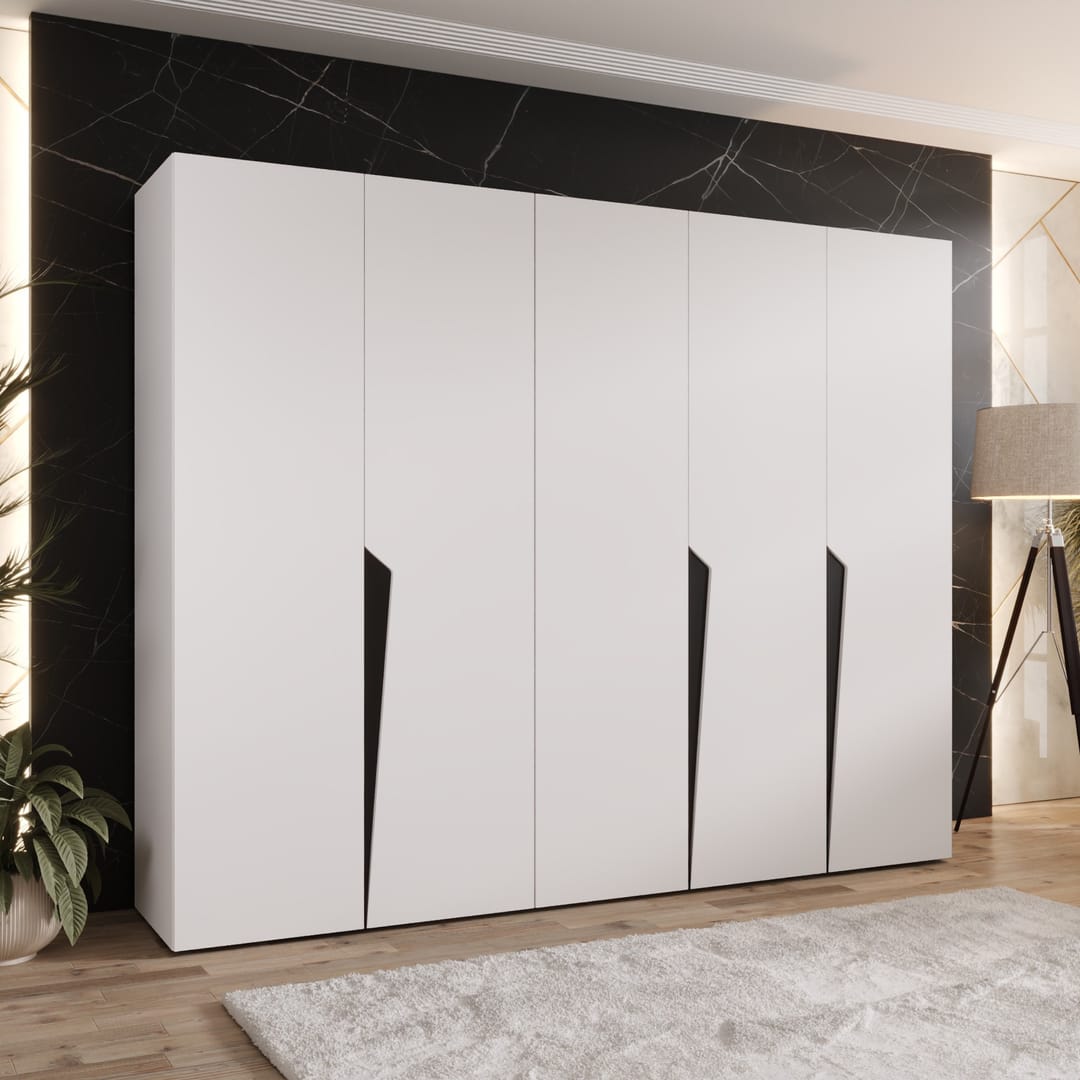 The hinged wardrobe in a crisp white finish standing in a stylish room with a rug