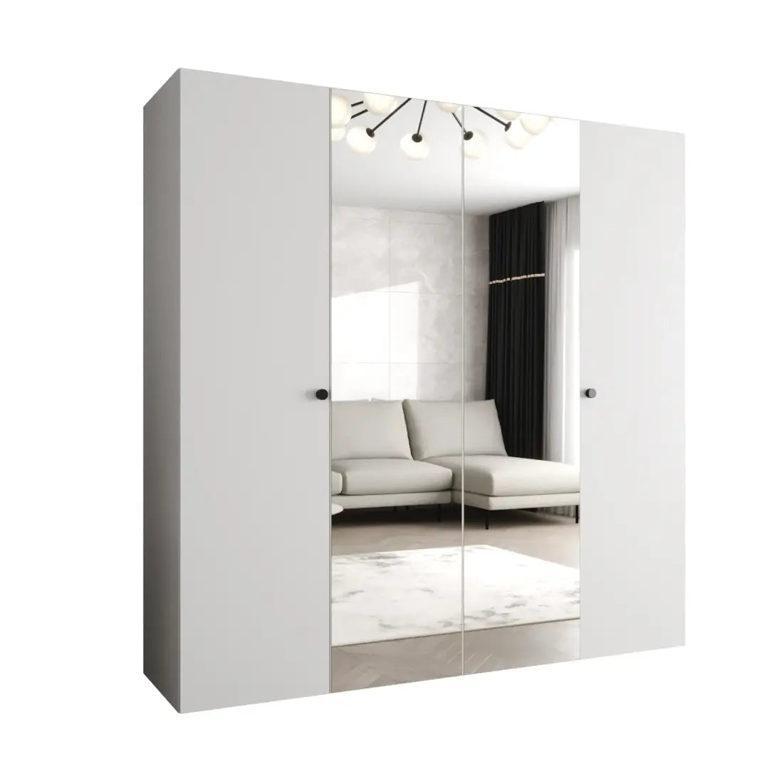 The white hinged wardrobe with mirrored centre doors shown against a plain white background