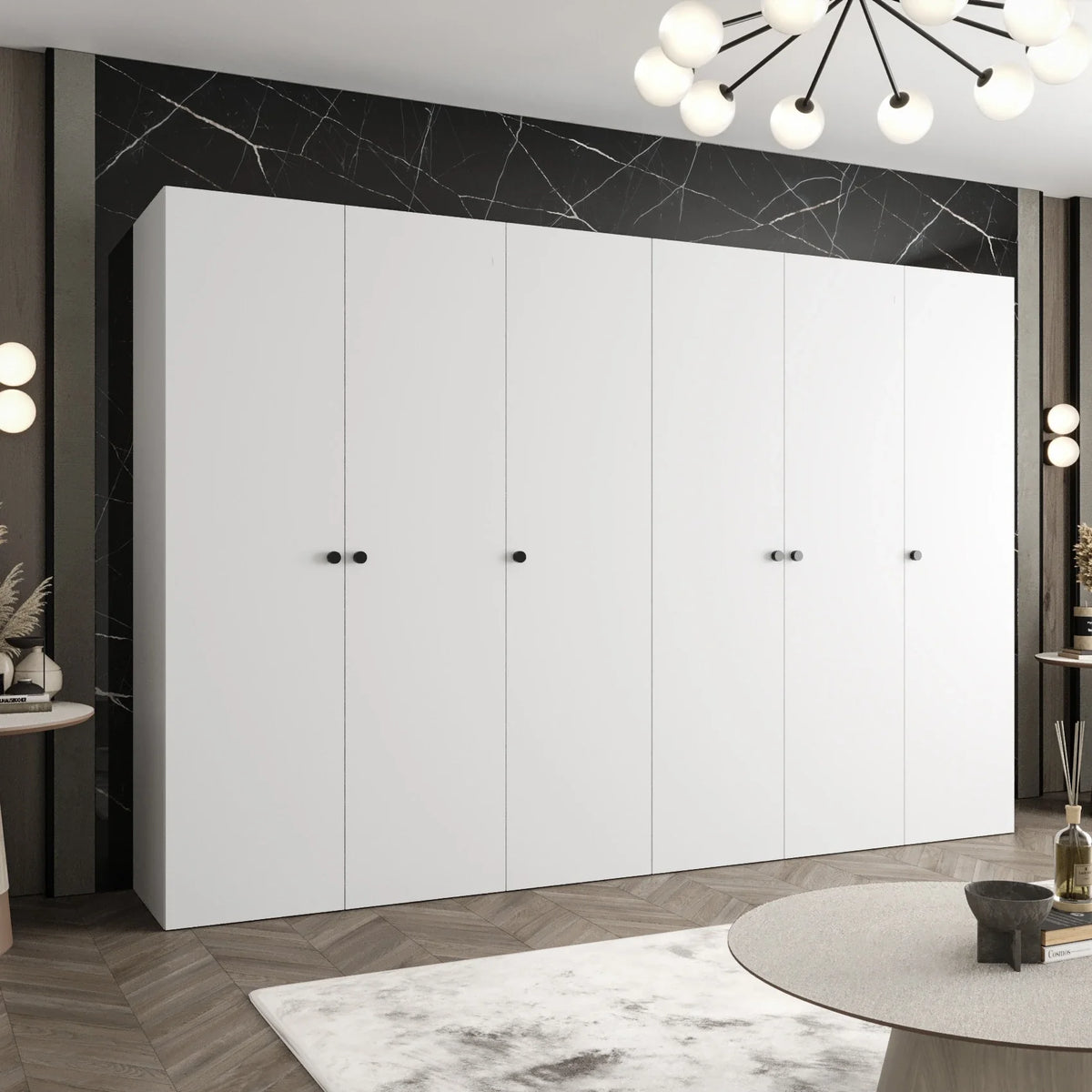 A white Parma I Hinged Door Wardrobe 300cm in a stylish bedroom