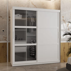 The white sliding door wardrobe with mirrored panels and internal shelving