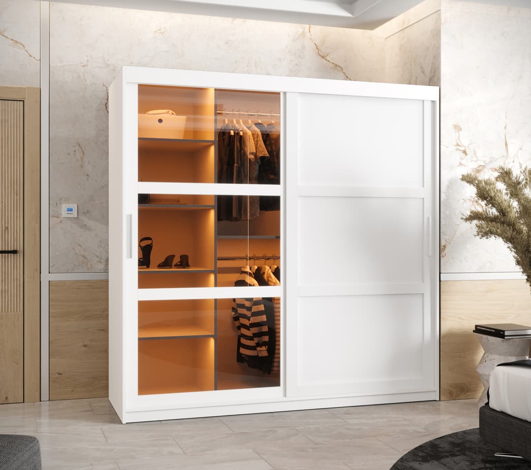 The Parma III sliding door wardrobe with internal shelving and hanging rails, illuminated interior