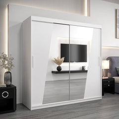 The sliding door wardrobe in white with mirrored door panels in a contemporary bedroom