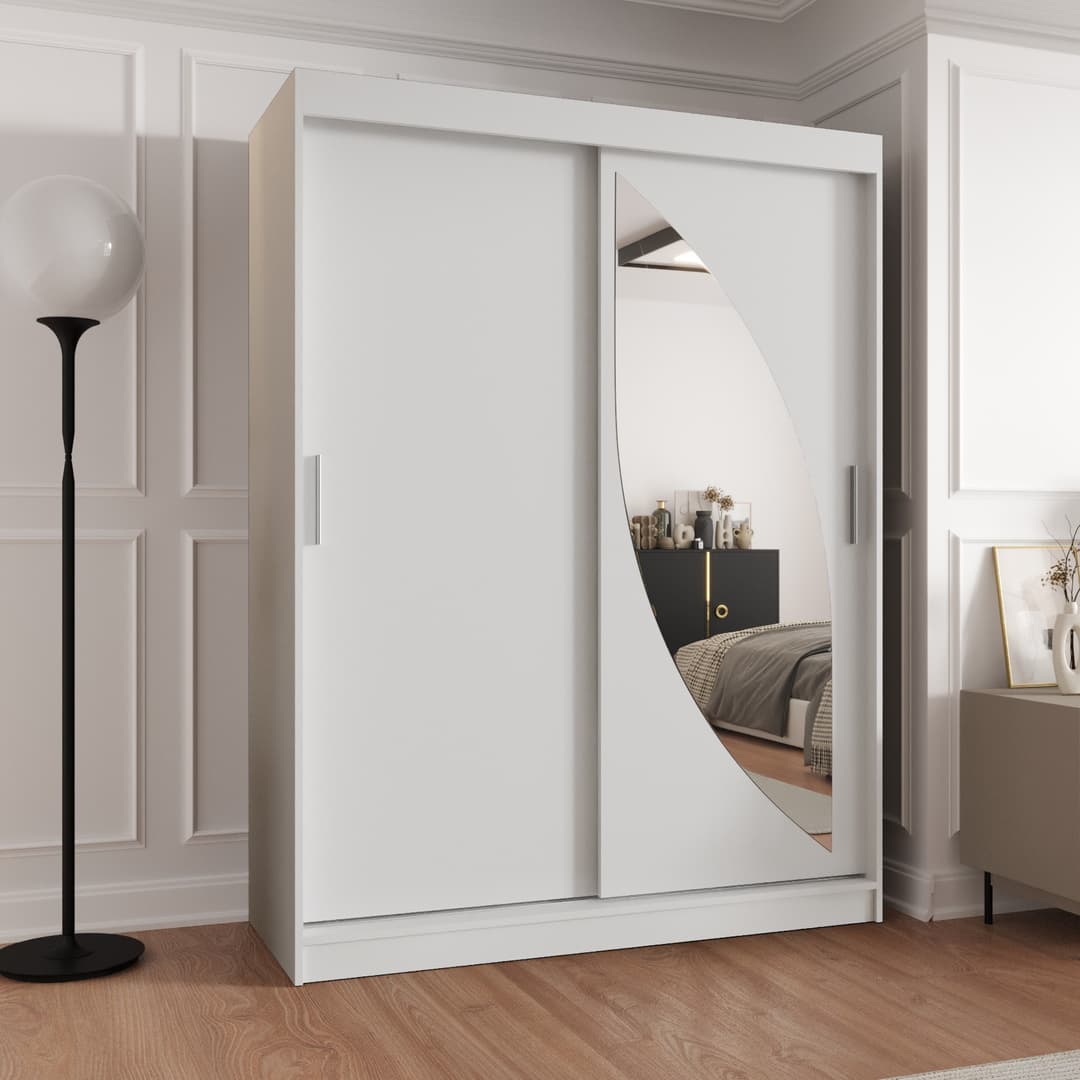 The white sliding door wardrobe in a room with a floor lamp and wooden floor