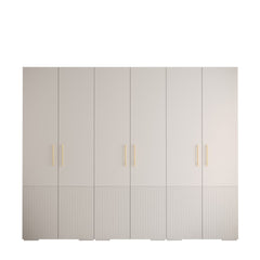 A six door hinged wardrobe in a neutral colour with gold handles