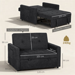 HOMCOM Loveseat Sofa Bed, Convertible Bed Settee with 2 Pillows, Side Pockets, Black