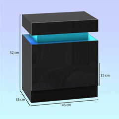 HOMCOM Black Bedside Table with LED Light, High Gloss Front Nightstand with 2 Drawers, for Living Room, Bedroom, Set of 2