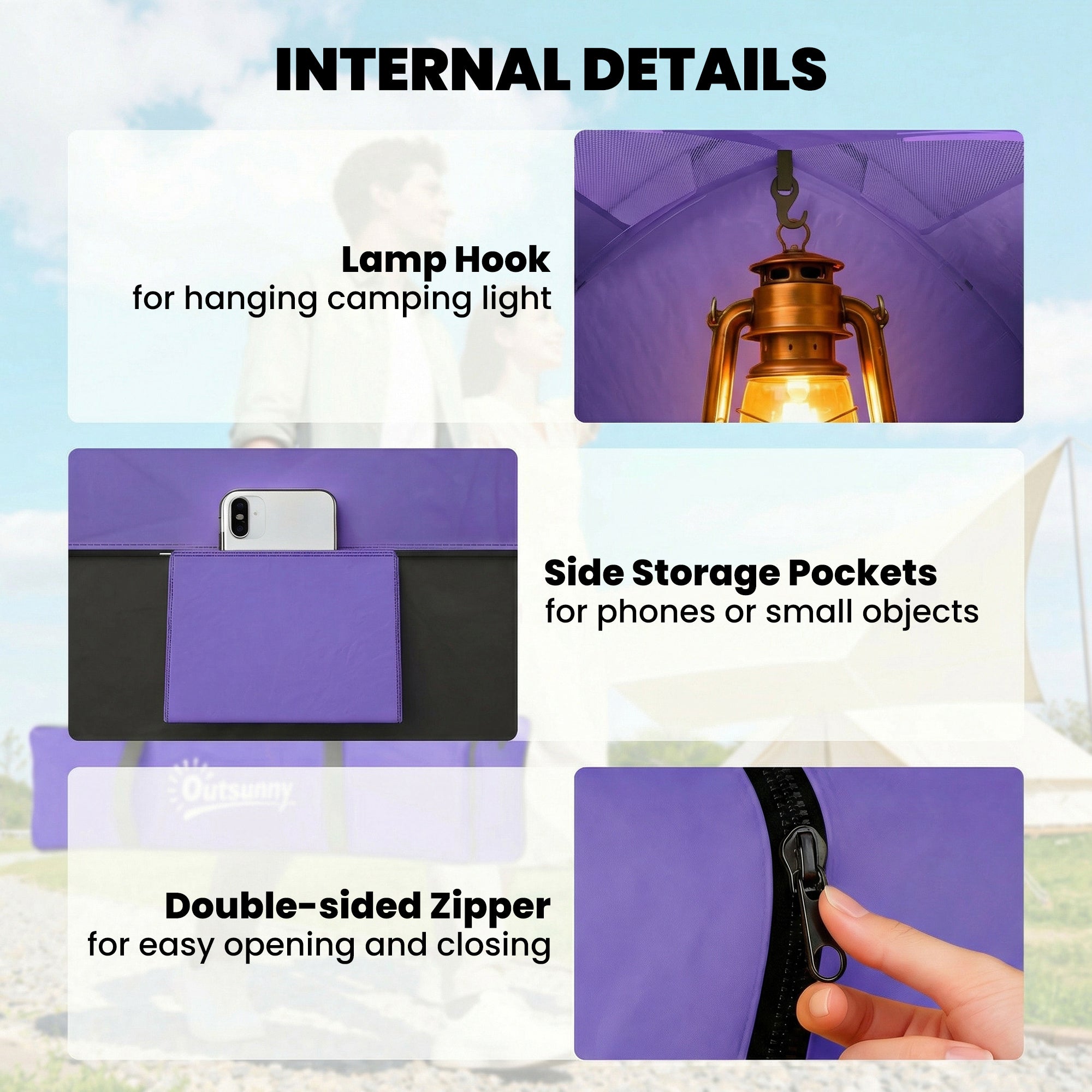 Outsunny 2 Person Camping Tent, Dome Tent with Zipped Doors, Storage Pocket, Portable Handy Bag, Light Purple