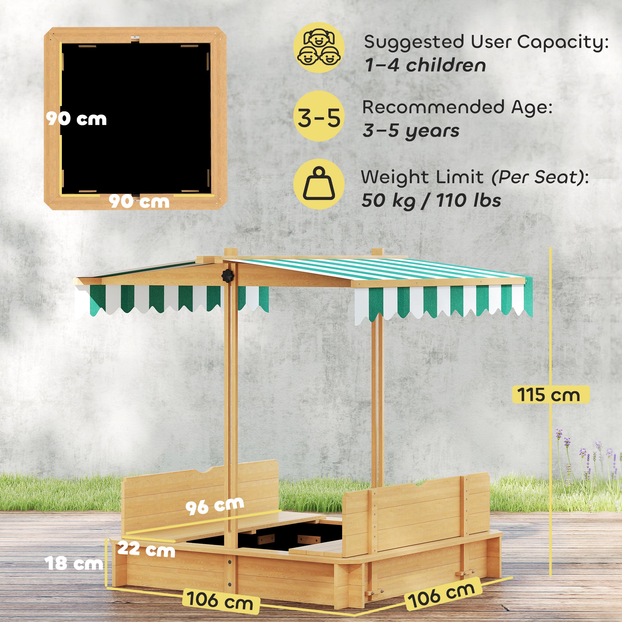 Outsunny Kids Square Wooden Sandpit, Children Sandbox Outdoor Playset