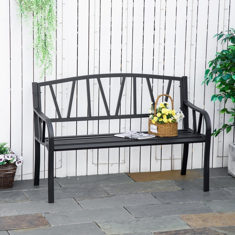 Outsunny 2-Seater Garden Bench Metal Loveseat w/ Decorative Backrest Ergonomic Armrest