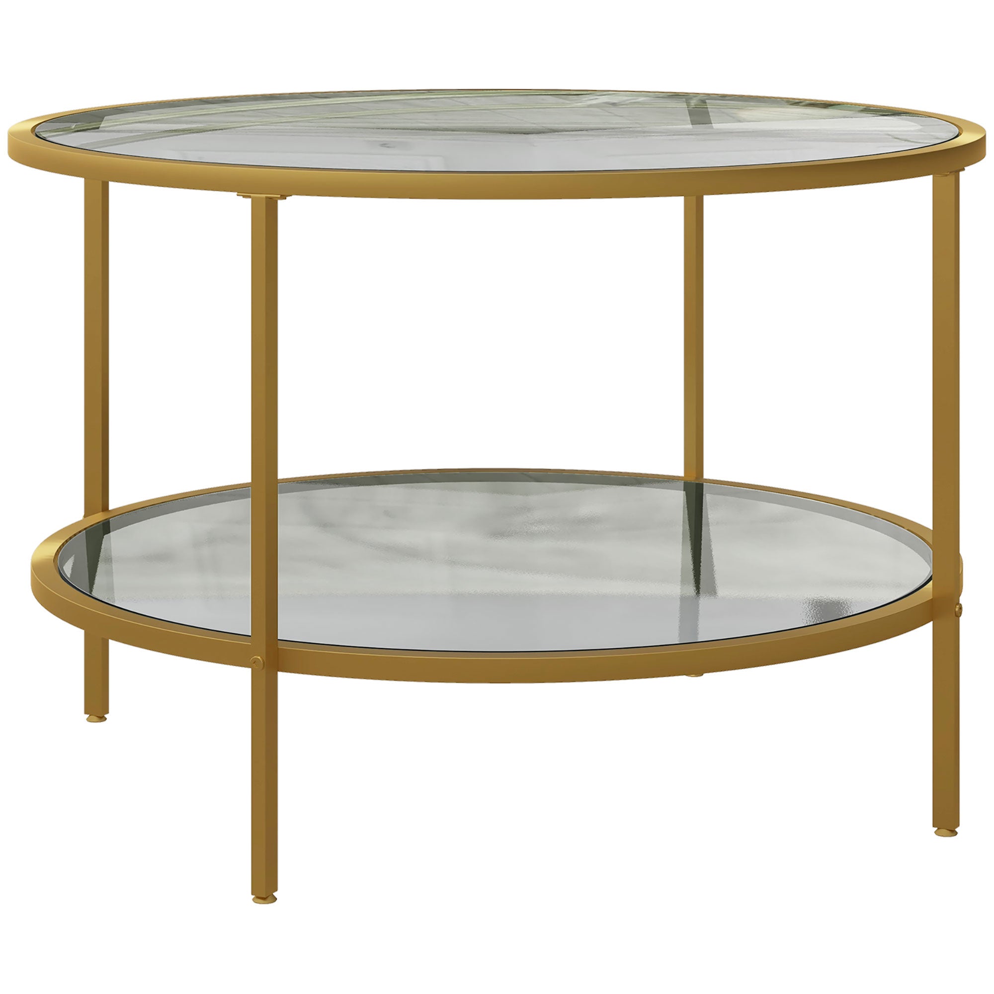 HOMCOM Round Coffee Table with Storage, 2-Tier Tempered Glass Coffee Table with Steel Frame for Living Room, Gold Tone