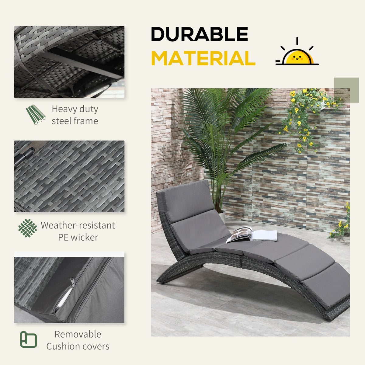 Outsunny Outdoor Foldable PE Rattan Sun Lounger with Soft Padded Cushion, Ergonomic Curved Design Sun Bed for Balcony
