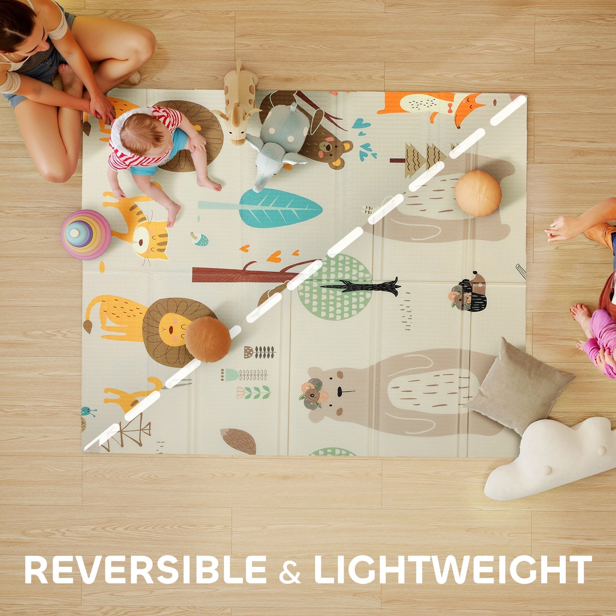 AIYAPLAY Animal-Themed Baby Plat Mat Double Sided, Foldable, Water-Resistant for Outdoor/Indoor, 177 x 146 x 1.5cm