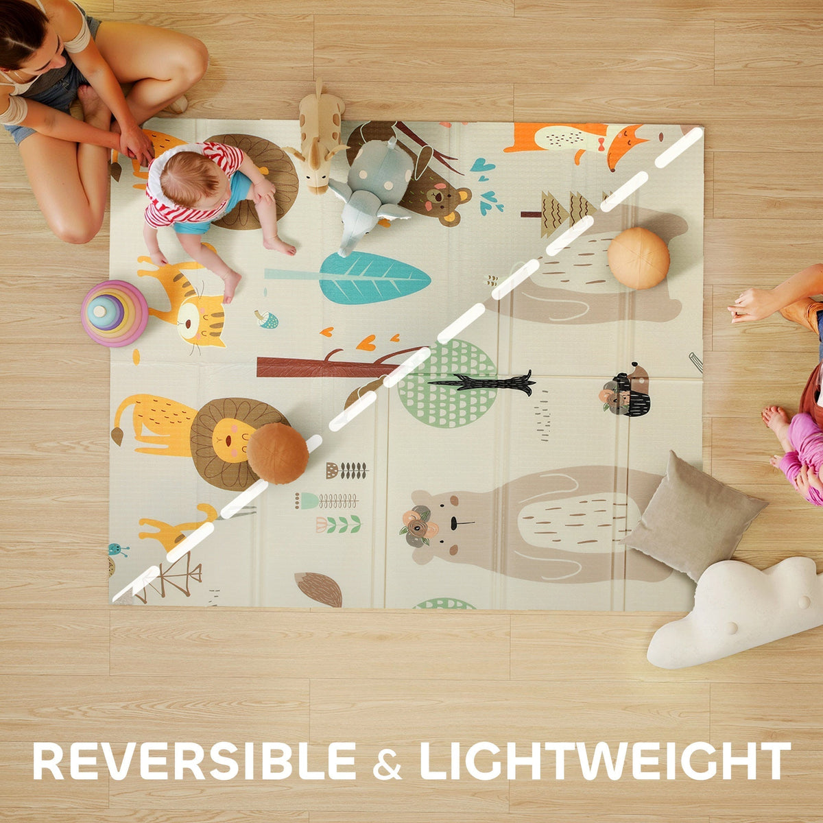 AIYAPLAY Animal-Themed Baby Plat Mat Double Sided, Foldable, Water-Resistant for Outdoor/Indoor, 177 x 146 x 1.5cm