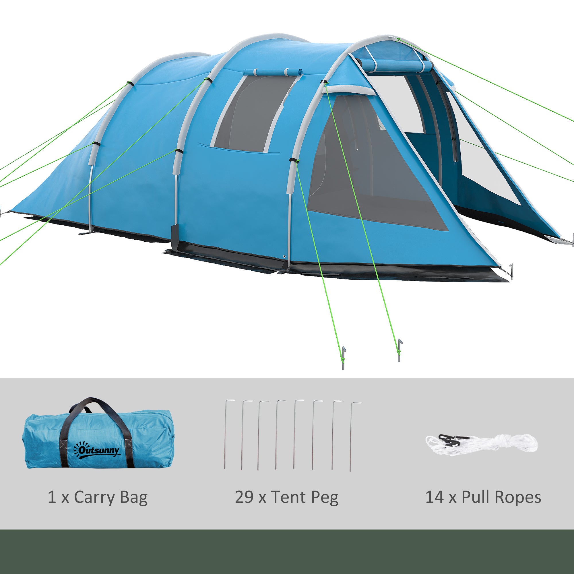 Outsunny 3-4 Man Tunnel Tent, Two Room Camping Tent with Windows, Portable Carry Bag, for Fishing, Hiking, Sports, Festival - Blue
