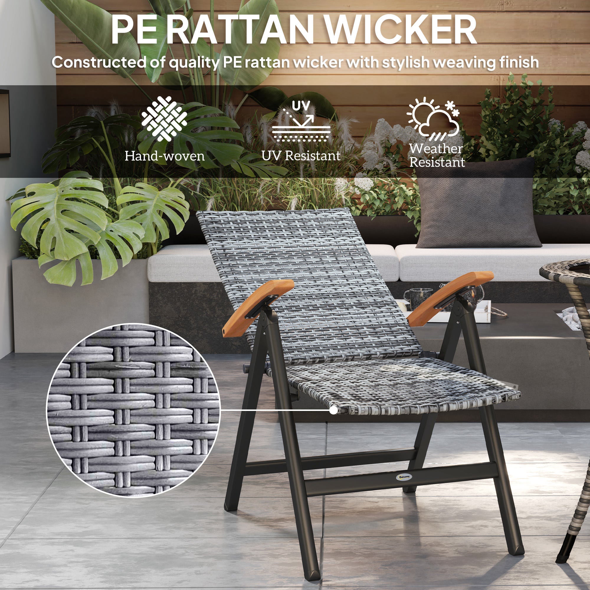 Outsunny Folding Rattan Garden Dining Chair with 5-level Reclining High Back, Wood Armrests for Outdoor, Patio - Light Grey