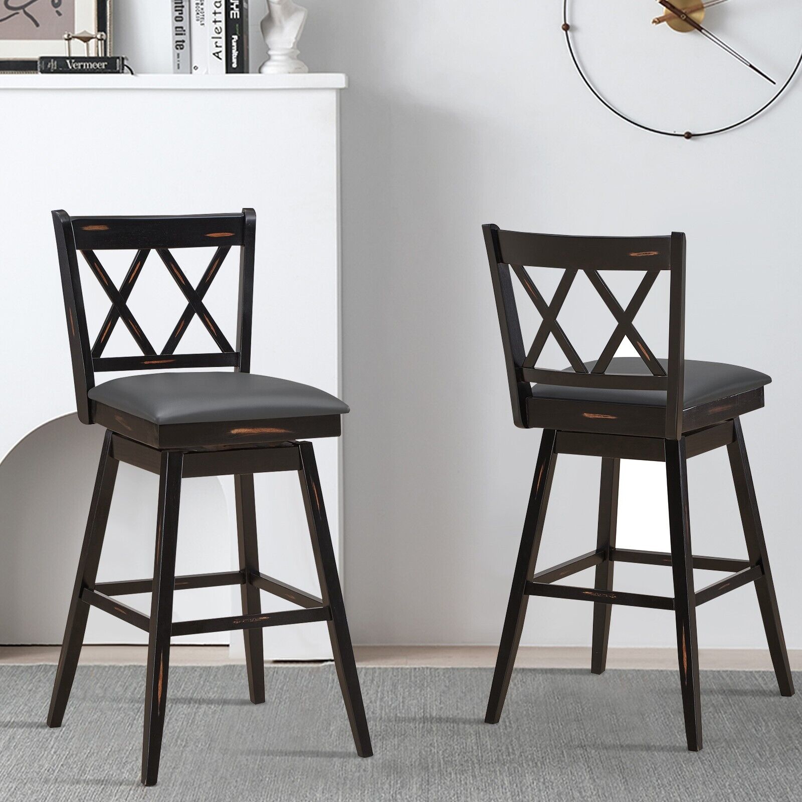 Set of 2 Counter Height Bar Stool with Foot Rest Upholstered Cushion-Black