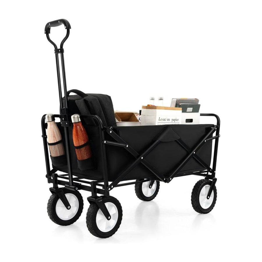 Eavy Duty Camping Garden Cart with items inside and drink holders on the front